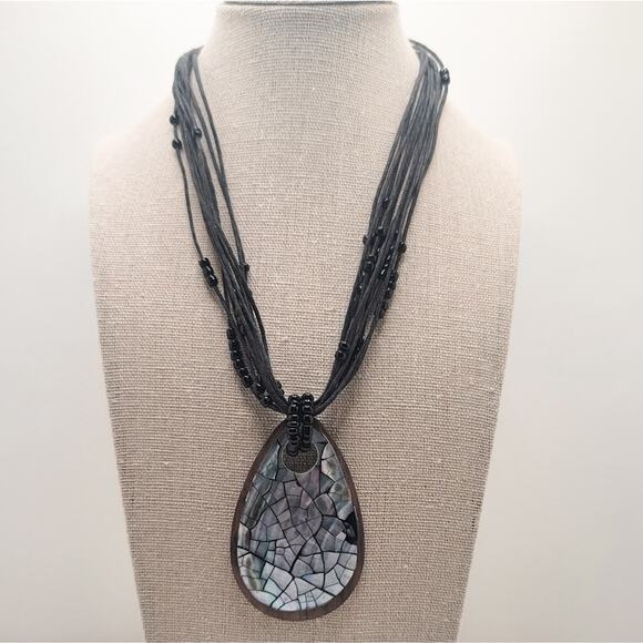 Boutique beaded multi-strand necklace with abalone & wood mosaic teardrop - Picture 2 of 8